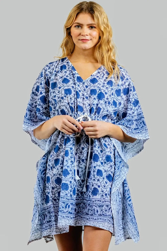 blue and white floral short cotton caftan mini dress by sevya handmade