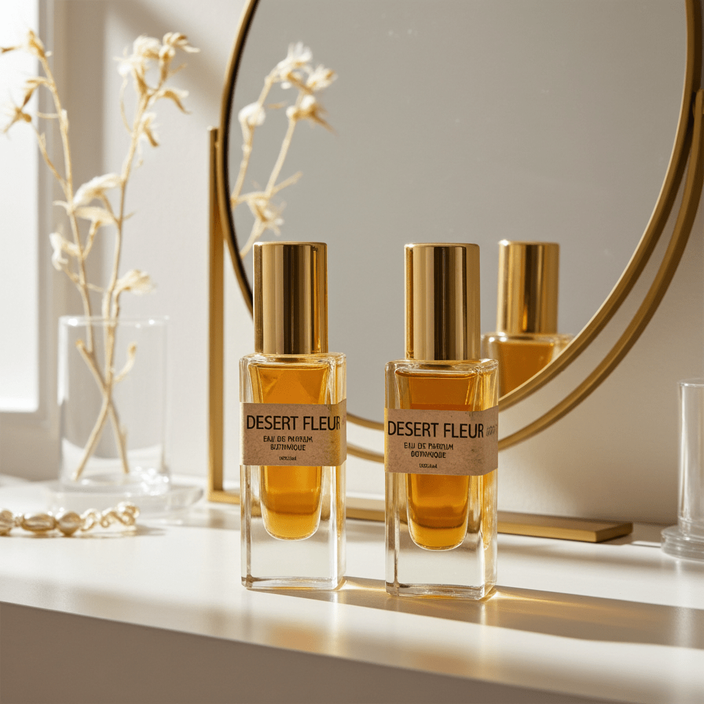 Two 'Desert Fleur' perfume bottles on a surface with a mirror and decorative elements in the background.