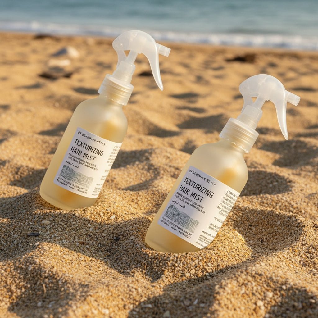 Two bottles of Bohemian Reves Desert Fleur Scent Hair Hair Texture Mist shown on the sand with ocean waves in the background.