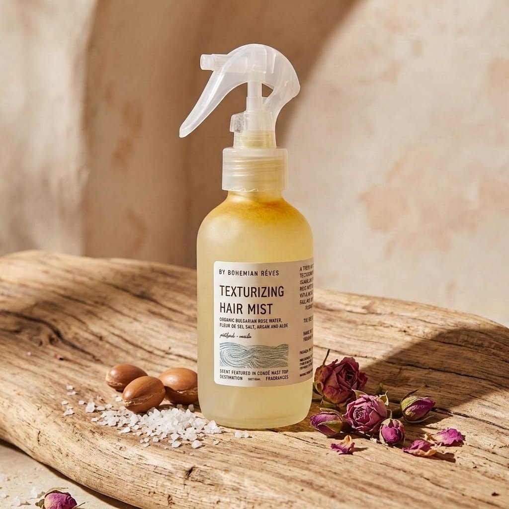 A bottle of By Rosenman Revival Texturizing Hair Mist stands on a rustic wooden surface with dried roses, almonds, and sea salt nearby. The spray bottle is filled with a pale yellow liquid and has a clear trigger sprayer, set against a warm, textured beige background.