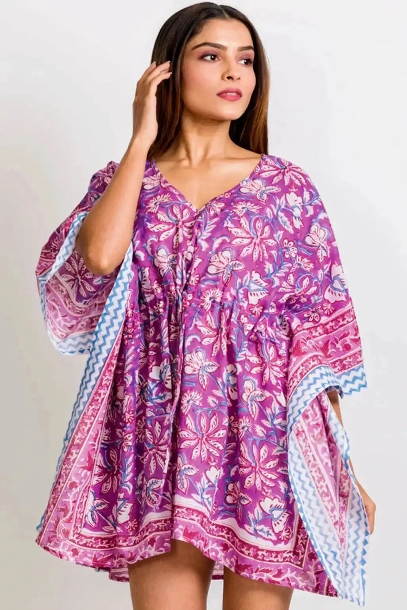 Fuchsia Floral Print Boho Caftan Cover-up | Sevya
