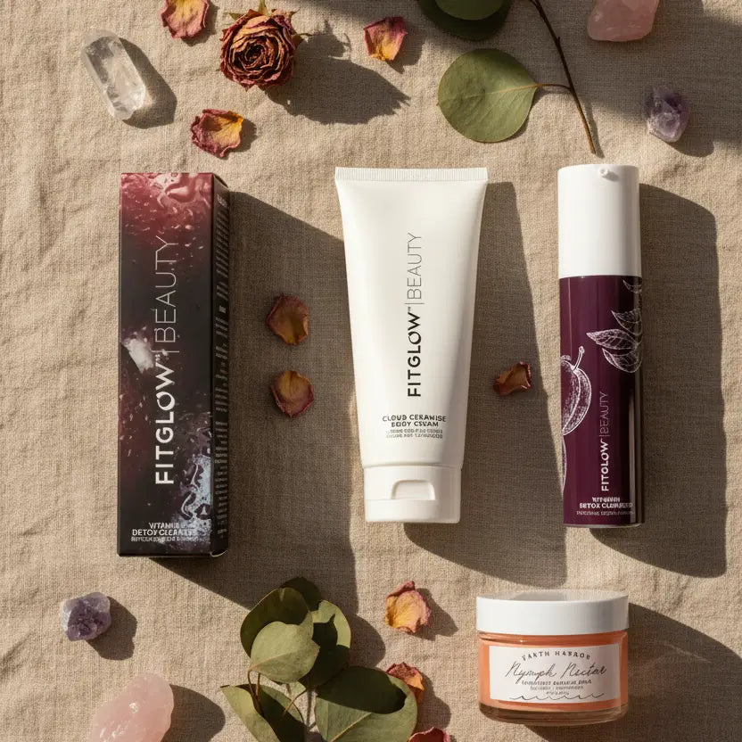 A jar of Earth Harbor Nymph Nectar, a tube of FitGlow Beauty Body Cream, and a bottle of Face Cleanser arranged with dried flowers and crystals.