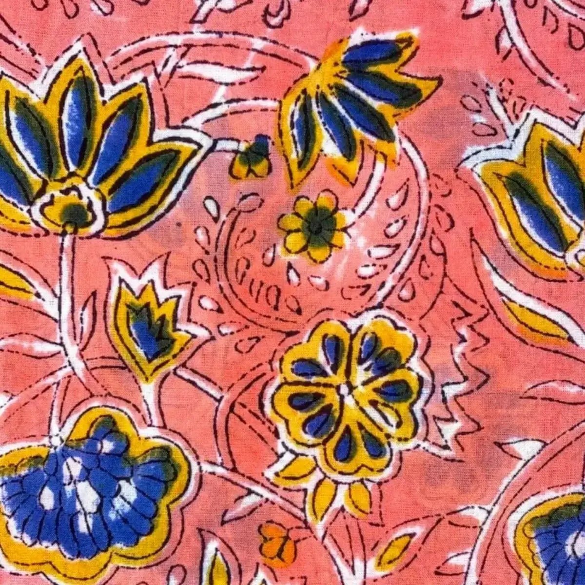 Pink floral hand block printed fabric swatch from the women's pajama set by the Fox and the Mermaid.