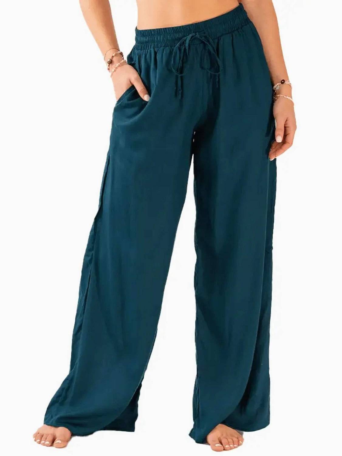 boho wide leg pants with drawstring waist in teal