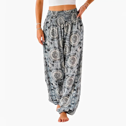 boho beach pants in blue grey watercolor manadala print 