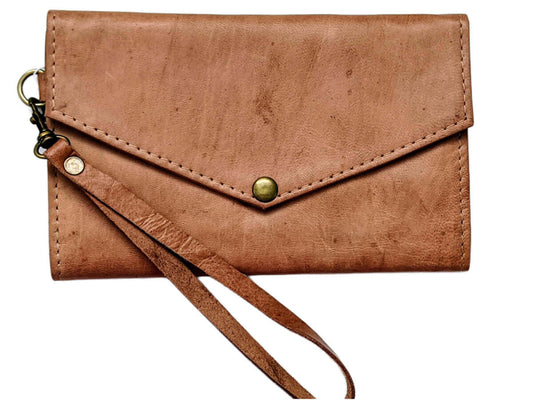 brown  leather wristlet wallet with snap front closure and wrist strap