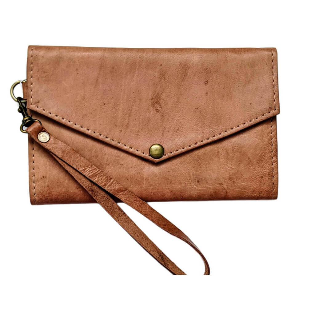 Brown leather wallet with wrist strap on a white background