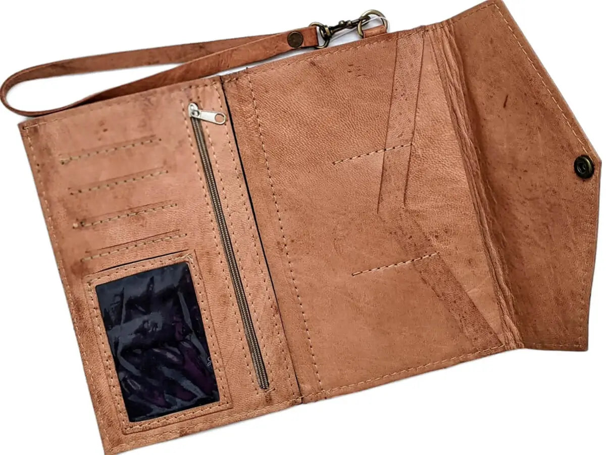 brown leather wristlet wallet with ID window