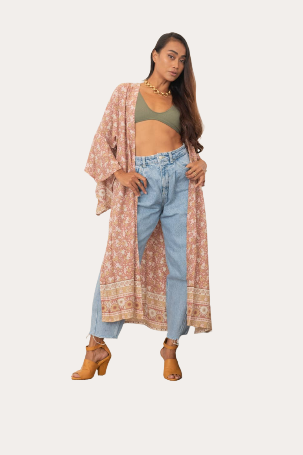 Nova Bell Sleeve Long Floral Kimono in Mauve pink