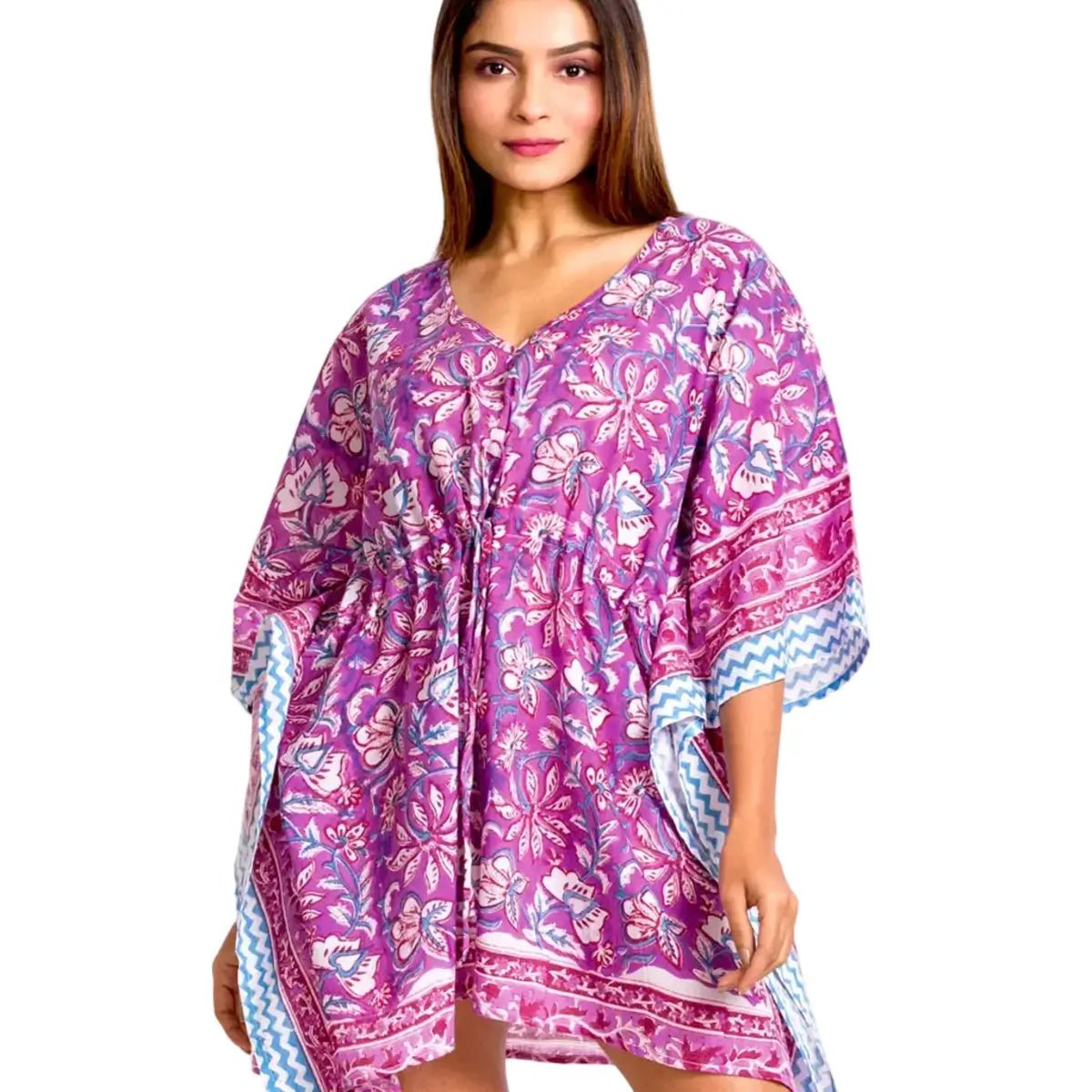 Caftan Cover-up & Mini Dress: Boho Fuchsia Floral Print by Sevya Handmade shop Caftan at Elle and Willow