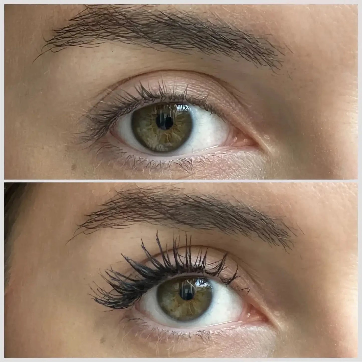 a photo of a woman's eyelashes before using lashfood clean mascara and after using lashfood clean mascara showing added volume, length and drama.
