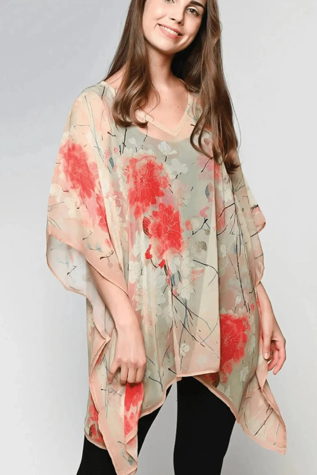 Boho tunic top in coral floral print by Sevya Handmade