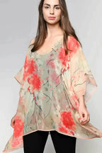 Boho Tunic Top, by Sevya Handmade, Coral & Beige Floral Print Bohemian Blouse, at Elle and Willow