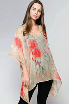 Boho Tunic Top, by Sevya Handmade, Coral & Beige Floral Print Bohemian Blouse, at Elle and Willow