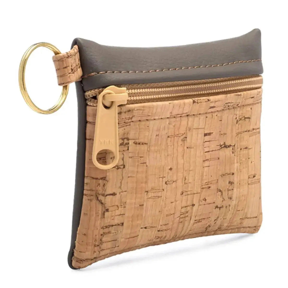 Keychain pouch in tan cork with vegan leather trim.