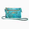 The Iris Cork Crossbody Handbag from Bent&Bree in Peacock Blue Cork Material with Gold Zippers and Front Pocket
