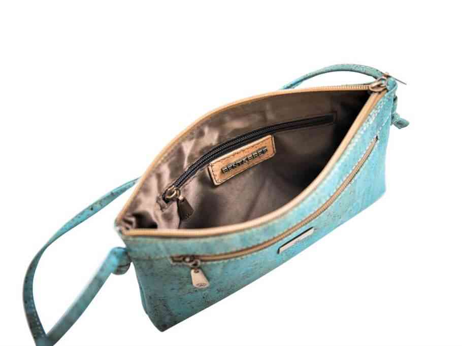Cork Crossbody Bag  in Peacock Blue with Interior and exterior zippered pockets by Bent&Bree