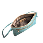 Cork Crossbody Bag  in Peacock Blue with Interior and exterior zippered pockets by Bent&Bree
