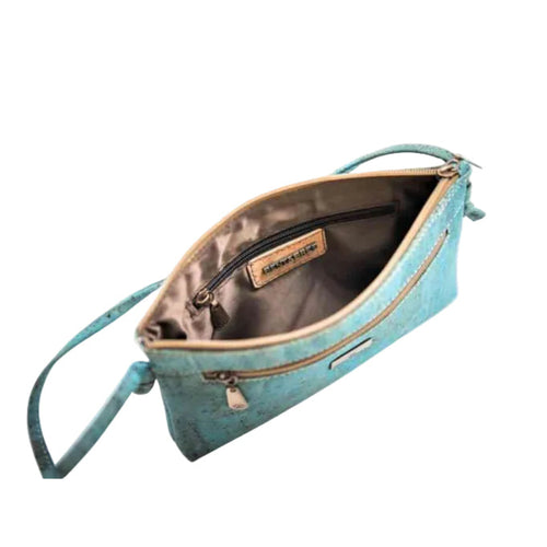 Cork Crossbody Bag  in Peacock Blue with Interior and exterior zippered pockets by Bent&Bree