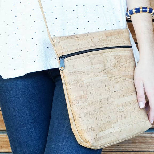 Vegan crossbody bag natural tan cork with adjustable shoulder strap 
