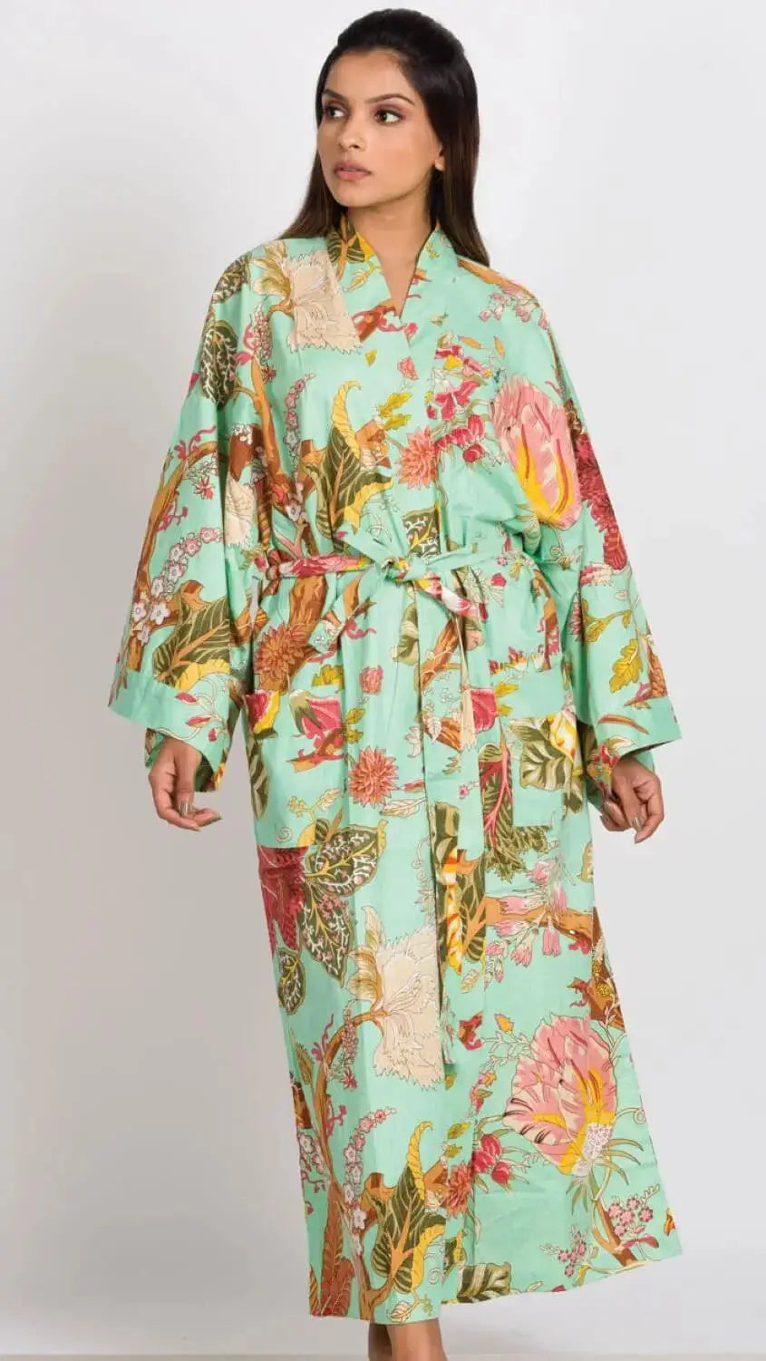 Cotton Kimono Robe in Seafoam Green Floral with Long Sleeves and Belt