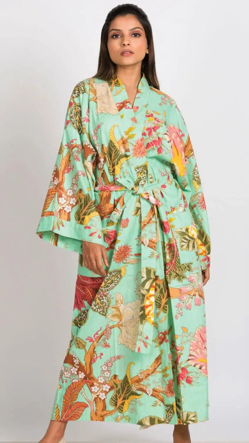 Cotton Kimono Robe in Seafoam Green Floral 