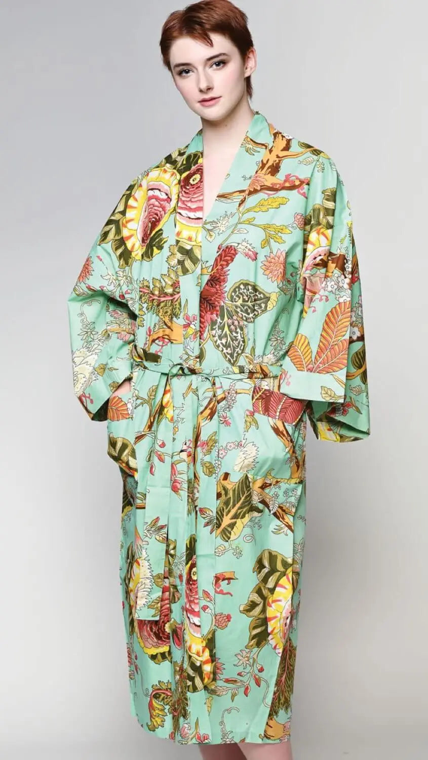 Cotton Kimono Robe in Seafoam Green Floral with Long Sleeves and Pockets