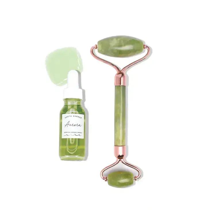 Earth Harbor Green Goddess Kit with Natural Face Serum and Real Jade Roller - Aurora Face Oil and Jade Facial Roller