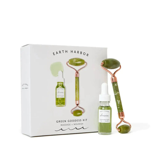 Earth Harbor Green Goddess Kit with Natural Face Serum and Real Jade Roller 