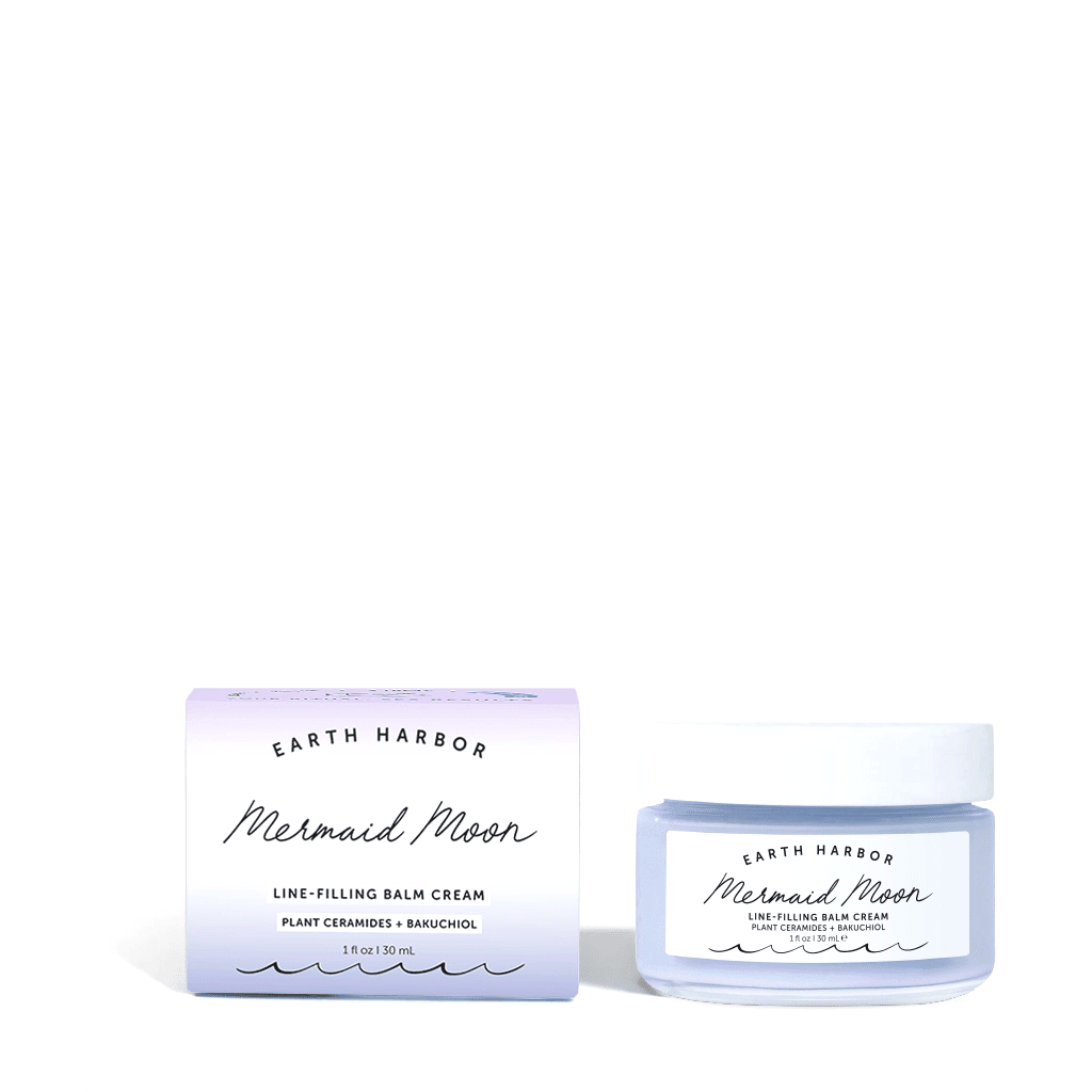Earth Harbor Mermaid Moon line-filling balm cream shown with its matching lavender box and clear jar with a white lid on a white background.