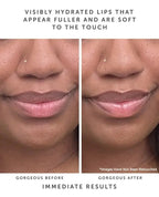 Before and after of lips using Sea Kiss lip balm, showing visibly hydrated, fuller, and softer lips with immediate results.