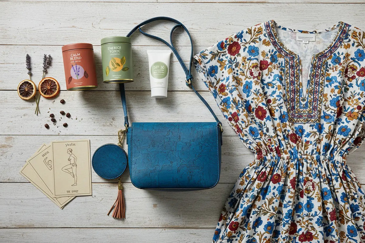 Blue handbag, floral dress, and various items on a wooden surface