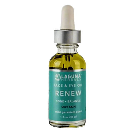 renew face and eye serum elixir in glass dropper bottle by Laguna Herbals