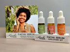 Kuumba Made Botanical Facial Serum Discovery Gift Set with Balance, Nourish, and Renew serums displayed next to product card.