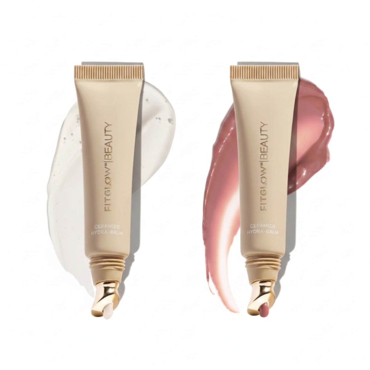 Two tubes of FitGlow Beauty hydra-balm, 24hr clear and rosewood a rose beige nude color gloss