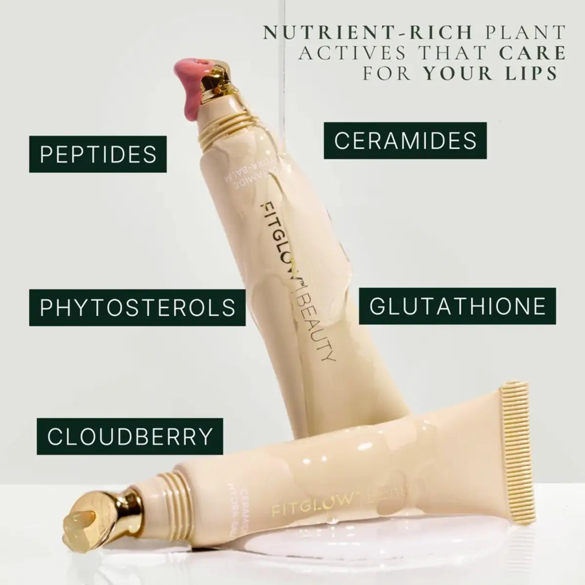 Two Fitglow Beauty lip care tubes in a warm beige tone with gold accents, arranged on a light gray background with text labels highlighting key ingredients: Peptides, Ceramides, Phytosterols, Glutathione, and Cloudberry.