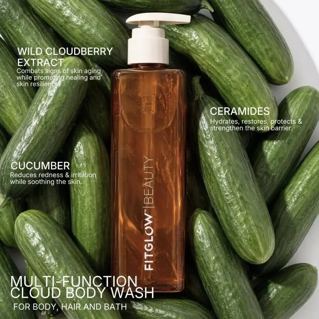 Fitglow Beauty multi-function cloud body wash surrounded by cucumbers with product benefits text.