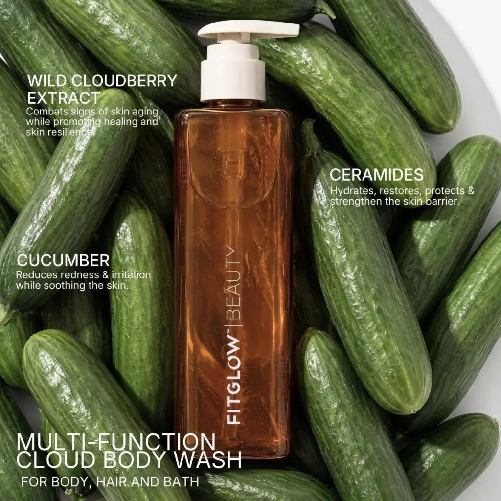 Fitglow Beauty multi-function cloud body wash surrounded by cucumbers with product benefits text.