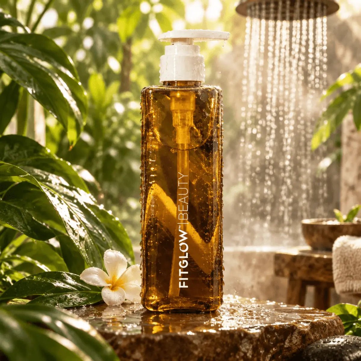 Fitglow Beauty ceramide-rich Cloud Body Wash and multi-use shower gel bottle with shower water drops.