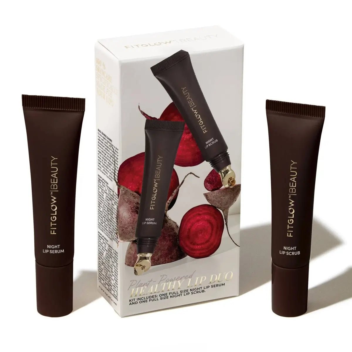 Fitglow Beauty Overnight Lip Duo with exfoliating lip serum and hydrating night lip serum in box showing beetroot formula