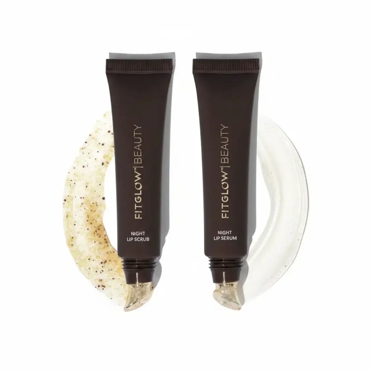 Two dark brown squeeze tubes of FITGLOW BEAUTY lip products, labeled 'Night Lip Scrub' and 'Night Lip Serum', displayed on a clean white background with product textures swatches behind them.