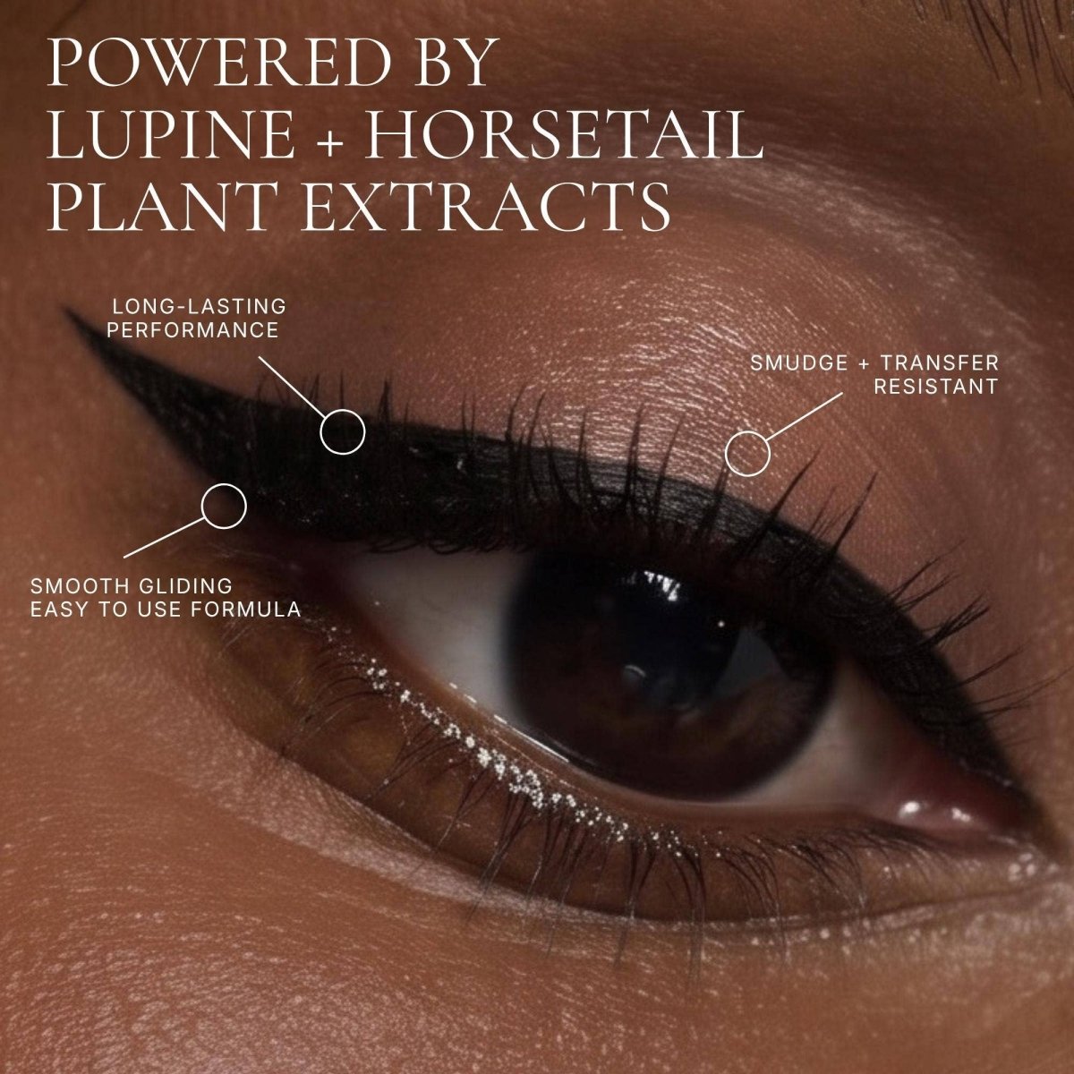 Close-up of a human eye wearing black eyeliner with text overlays highlighting product benefits.