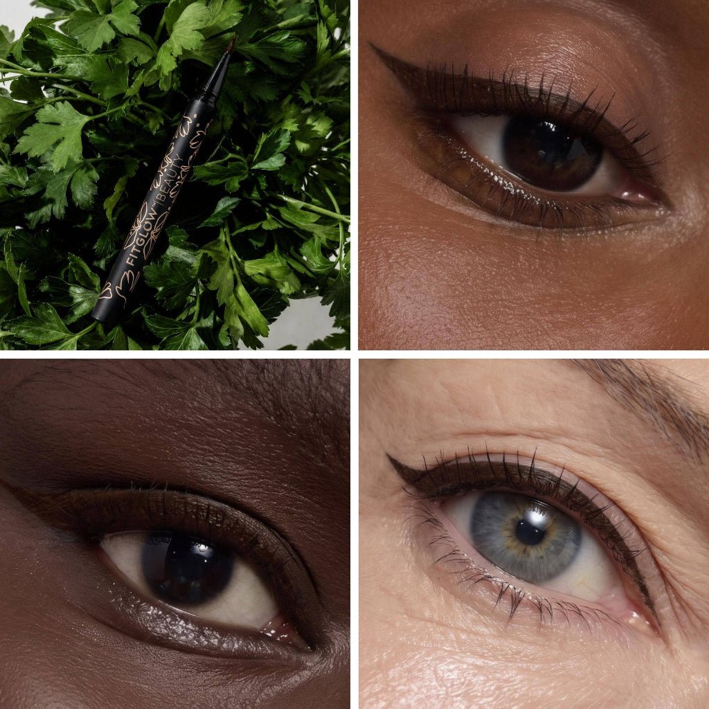 Fitglow Beauty Liquid Eyeliner in black-brown shade shown applies to the eye on light skin, tan skin and dark skin tones.