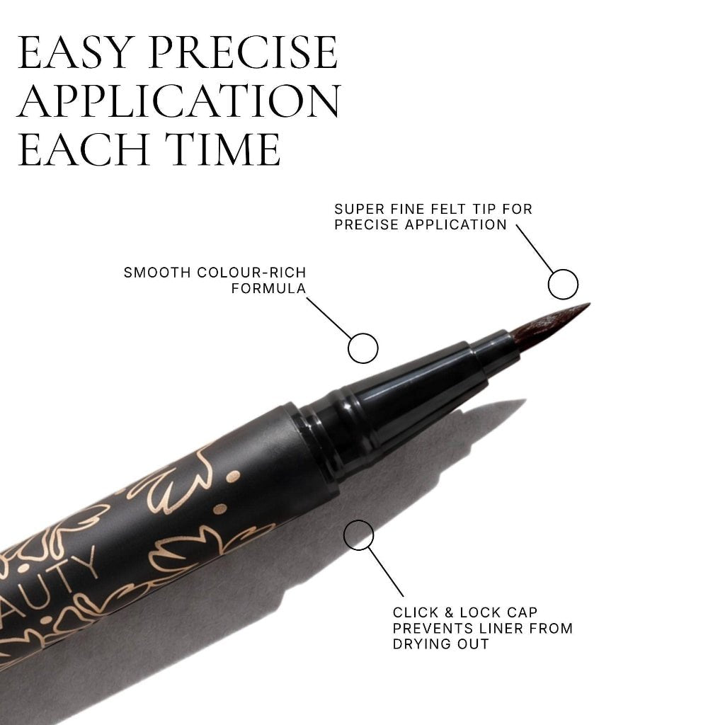 Fitglow Beauty Liquid Eyeliner in black-brown shade with fine felt tip applicator - Elle and Willow