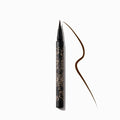 A black-brown fine liquid eyeliner pen with gold floral details and the brand name, Fitglow Beauty next to it's color swatch.
