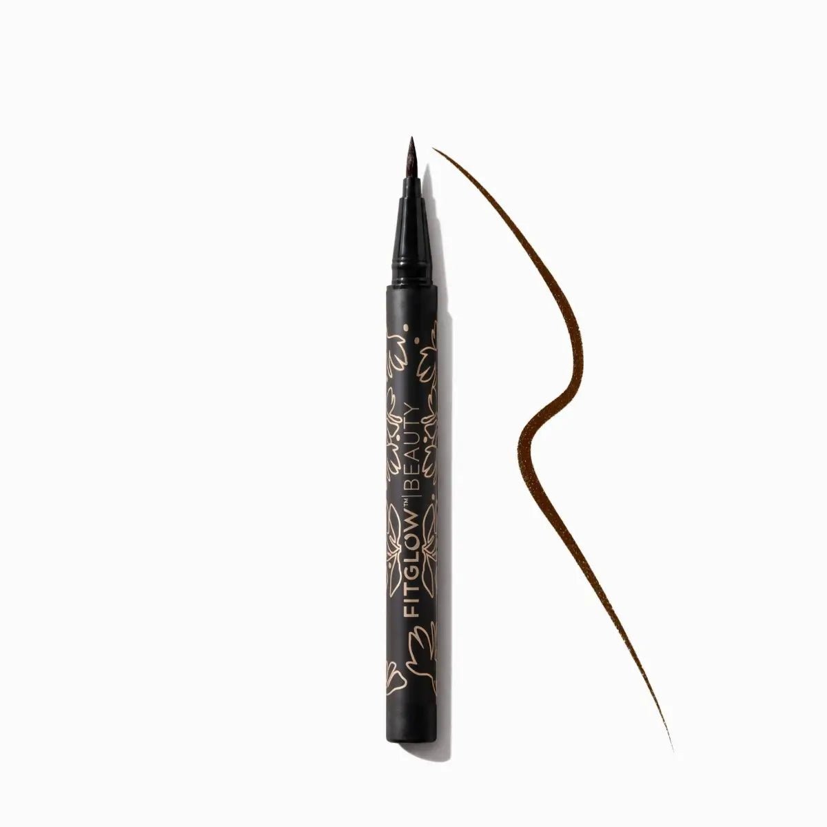 A black-brown fine liquid eyeliner pen with gold floral details and the brand name, Fitglow Beauty next to it's color swatch.