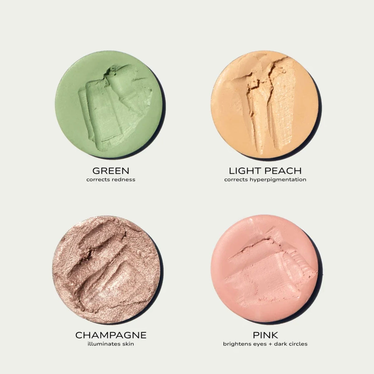Color color correcting chart showing swatches green, peach, pink and champagne color correcting shades.