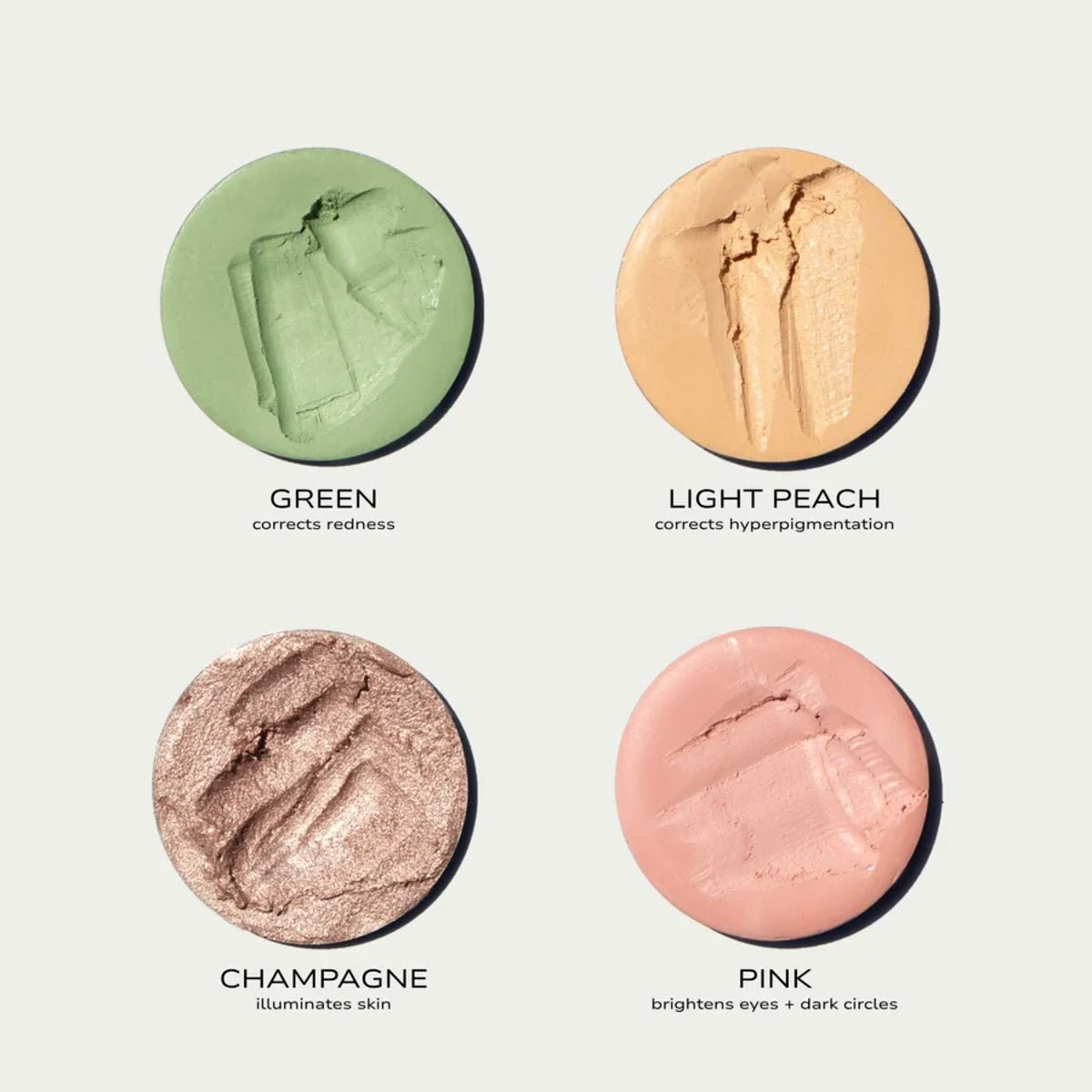 Color color correcting chart showing swatches green, peach, pink and champagne color correcting shades.