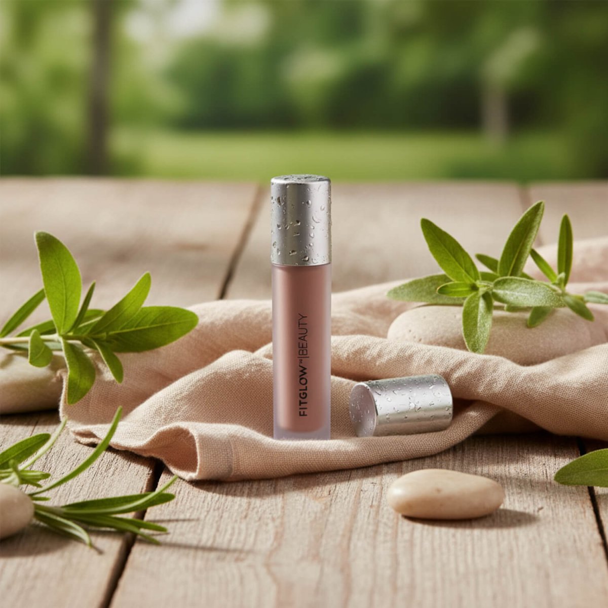 Fitglow lip serum silver cap on a beige cloth surrounded by green leaves and stones on a wooden surface.