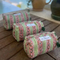 set of 3 pink and green floral printed quilted cotton toiletry bags with zipper and tassel